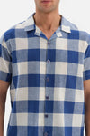 NAVY SHIRT COLLAR PLAID WOVEN PAJAMAS