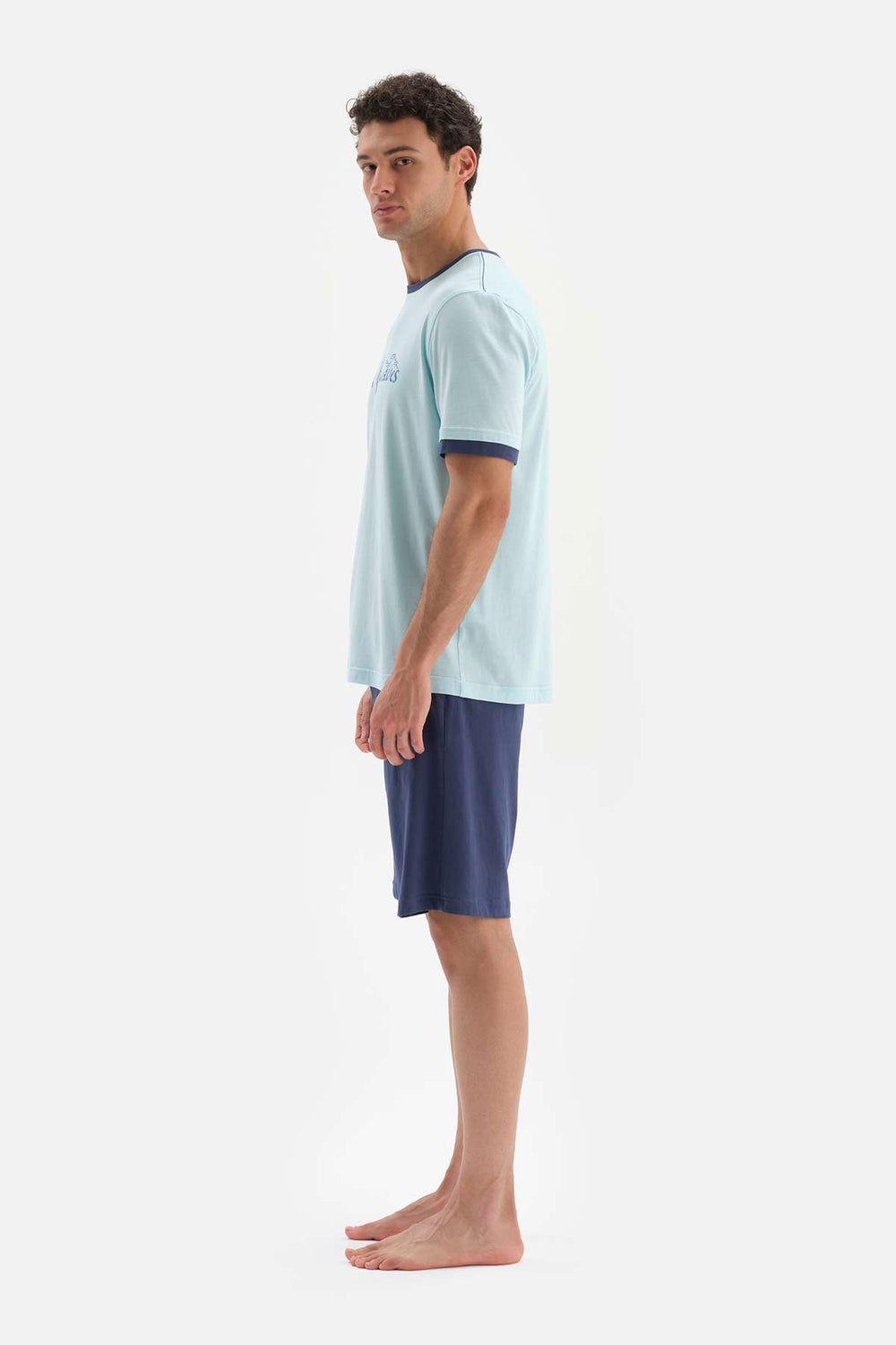 LIGHT BLUE CREW-NECK SLOGAN PRINTED KNITTED PAJAMAS