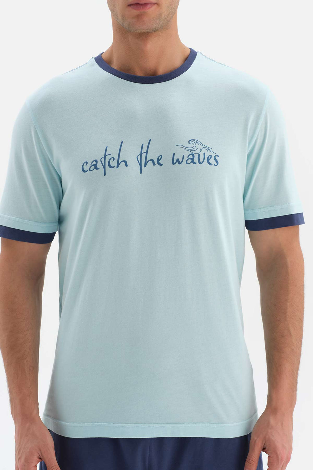 LIGHT BLUE CREW-NECK SLOGAN PRINTED KNITTED PAJAMAS