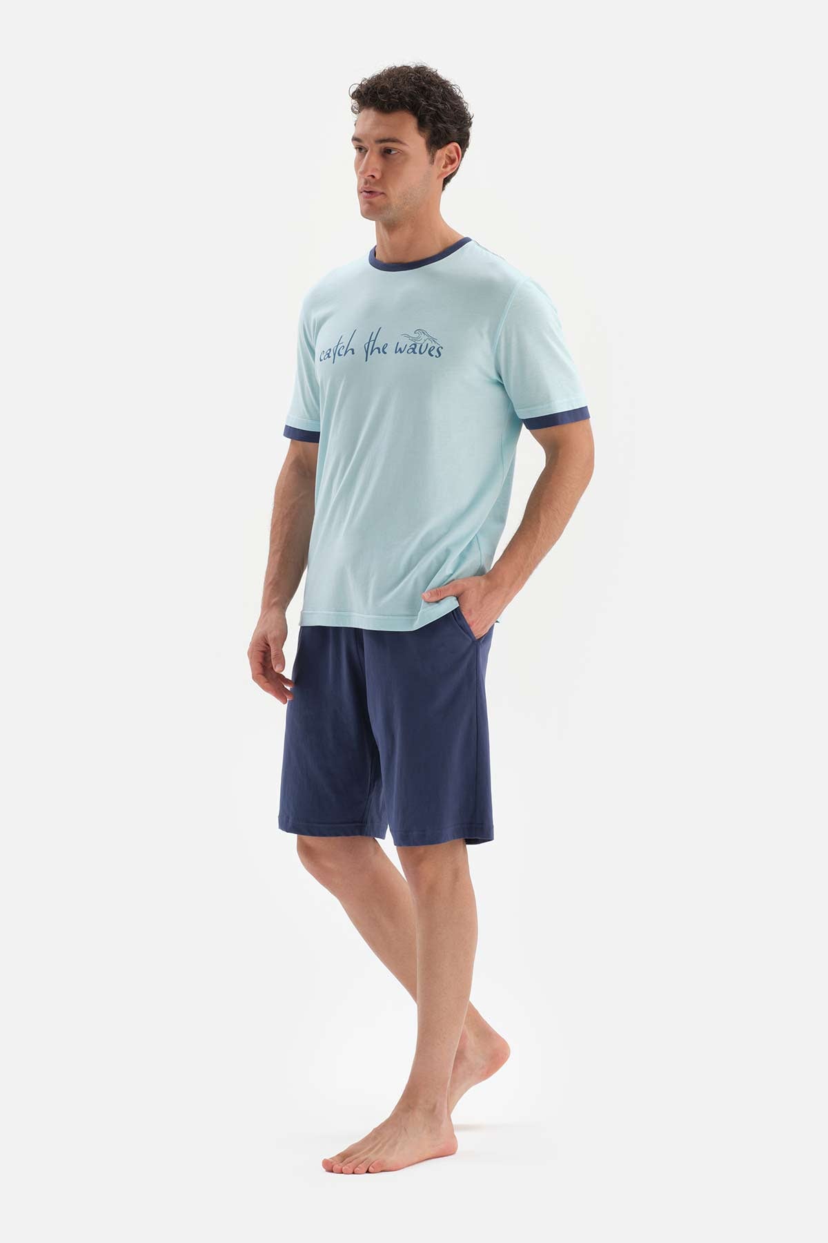LIGHT BLUE CREW-NECK SLOGAN PRINTED KNITTED PAJAMAS