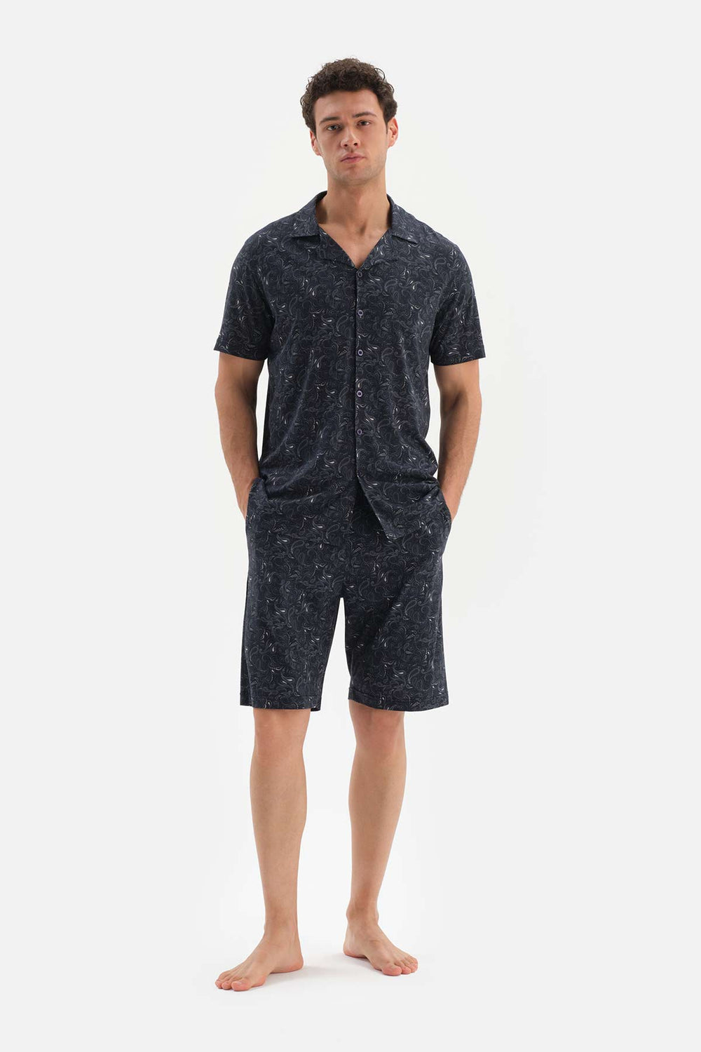 NAVY SHIRT COLLAR PATTERNED KNITTED PAJAMAS