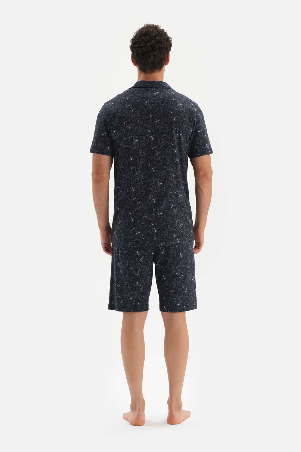 NAVY SHIRT COLLAR PATTERNED KNITTED PAJAMAS