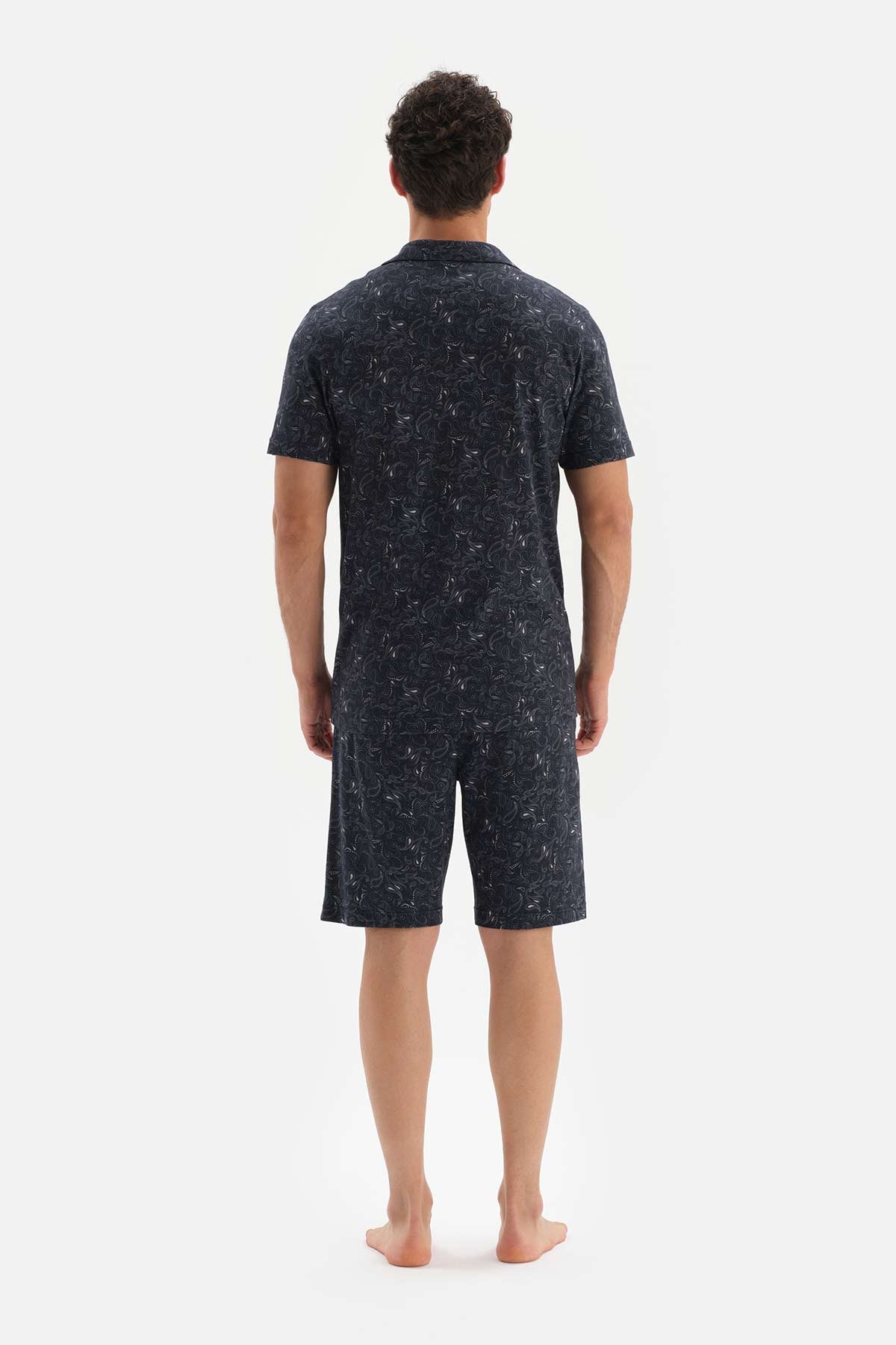 NAVY SHIRT COLLAR PATTERNED KNITTED PAJAMAS