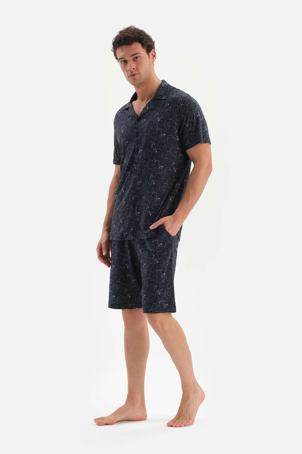 NAVY SHIRT COLLAR PATTERNED KNITTED PAJAMAS
