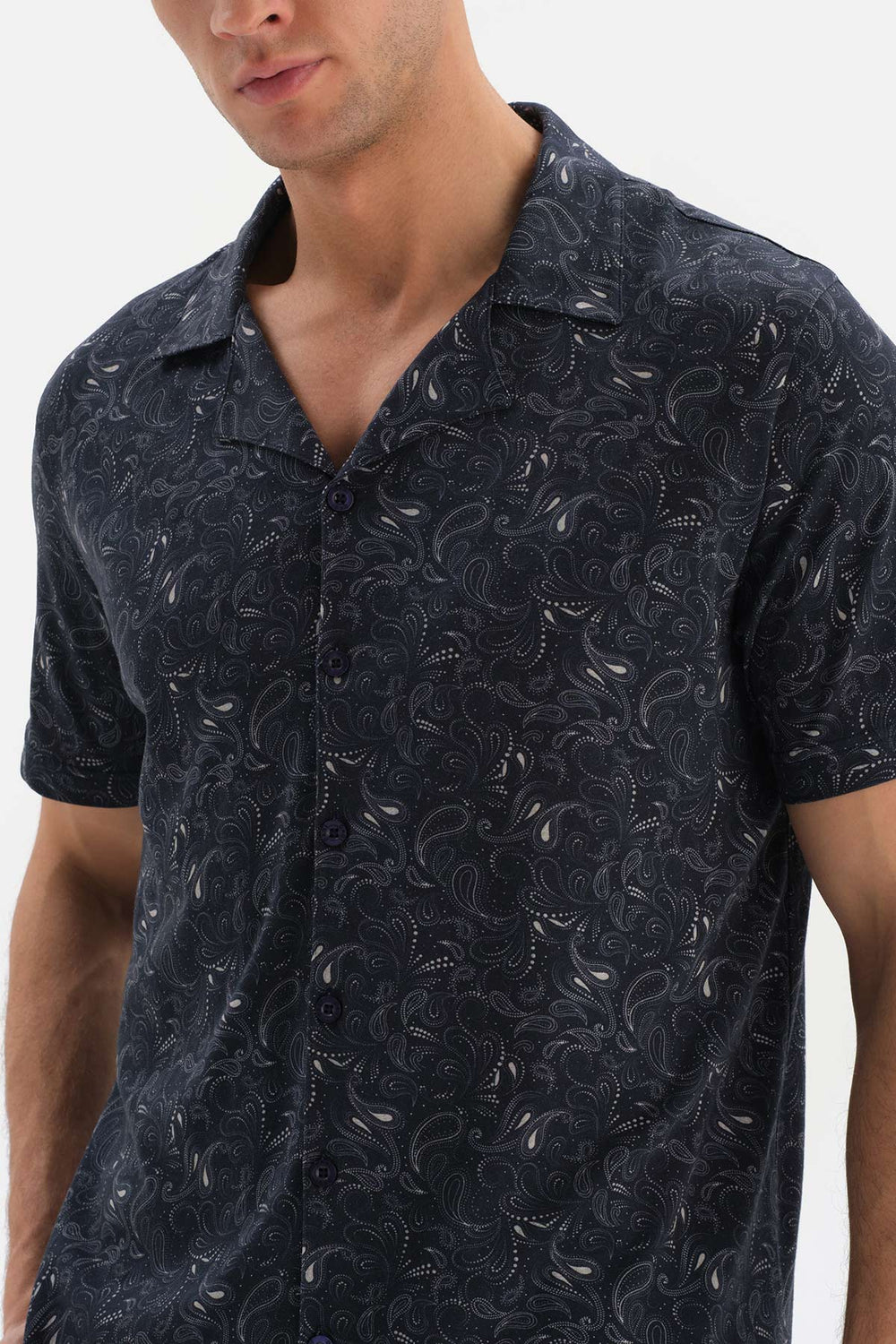 NAVY SHIRT COLLAR PATTERNED KNITTED PAJAMAS