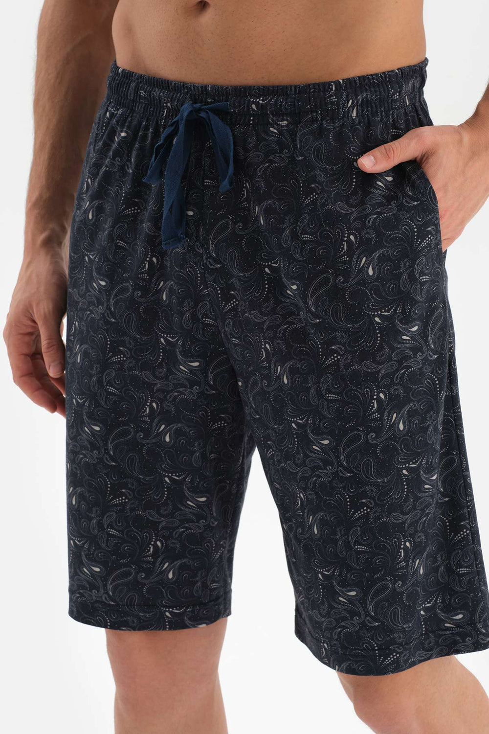 NAVY SHIRT COLLAR PATTERNED KNITTED PAJAMAS