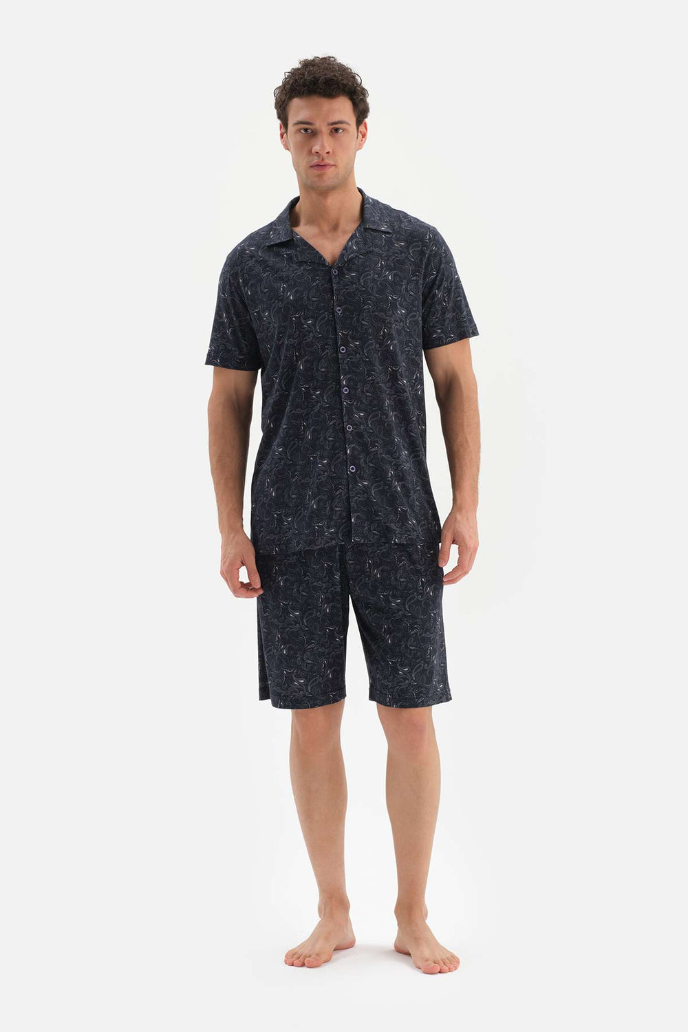 NAVY SHIRT COLLAR PATTERNED KNITTED PAJAMAS