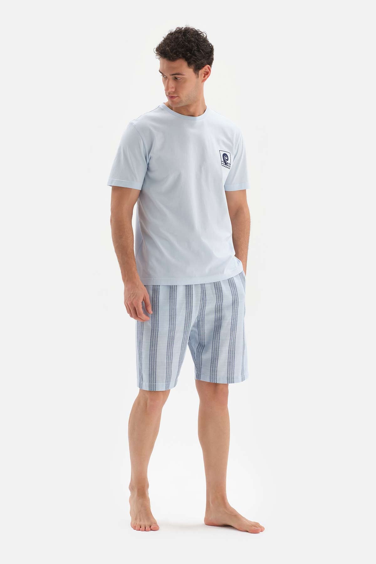 LIGHT BLUE CREW-NECK PRINT DETAILED KNITTED PAJAMAS