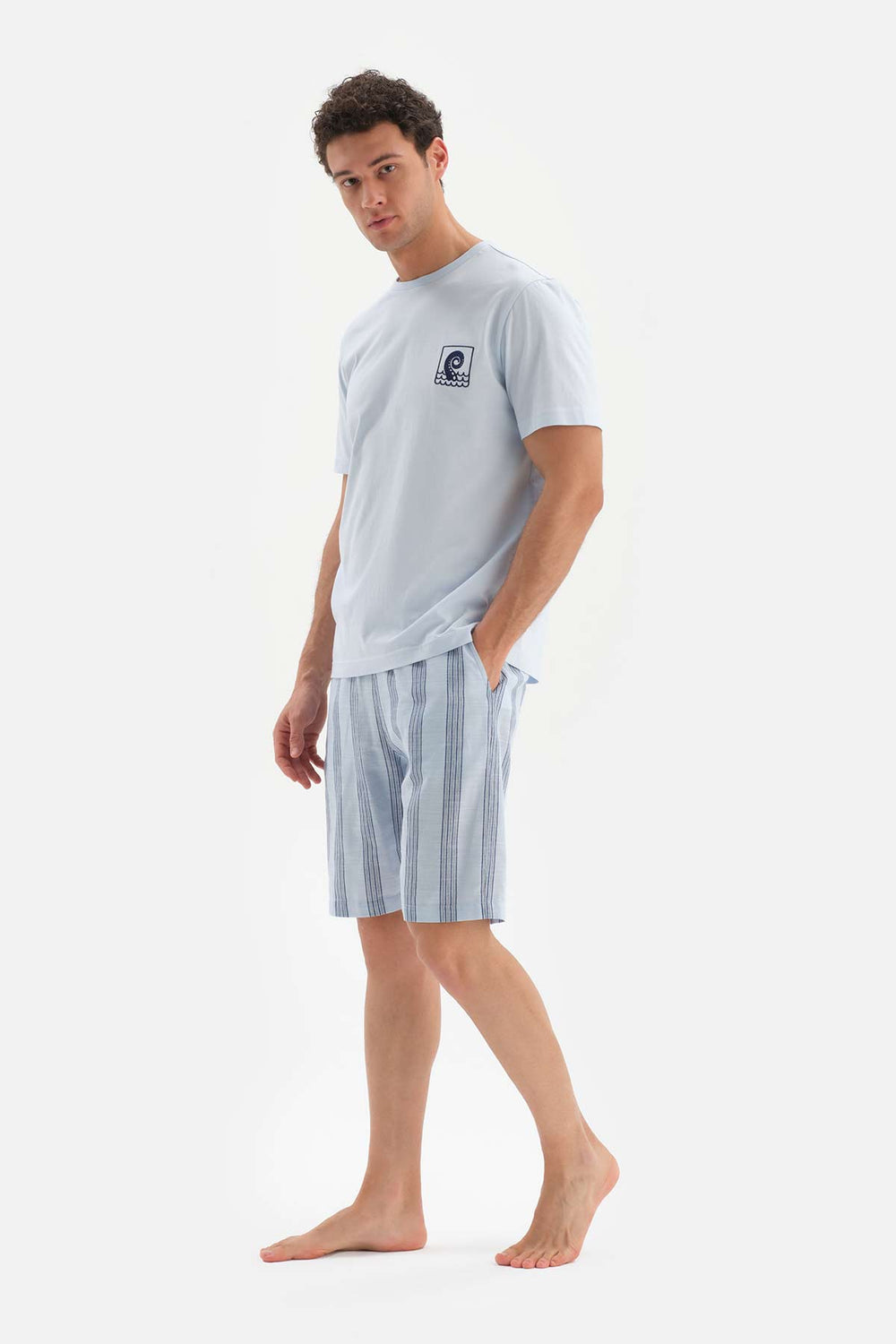 LIGHT BLUE CREW-NECK PRINT DETAILED KNITTED PAJAMAS