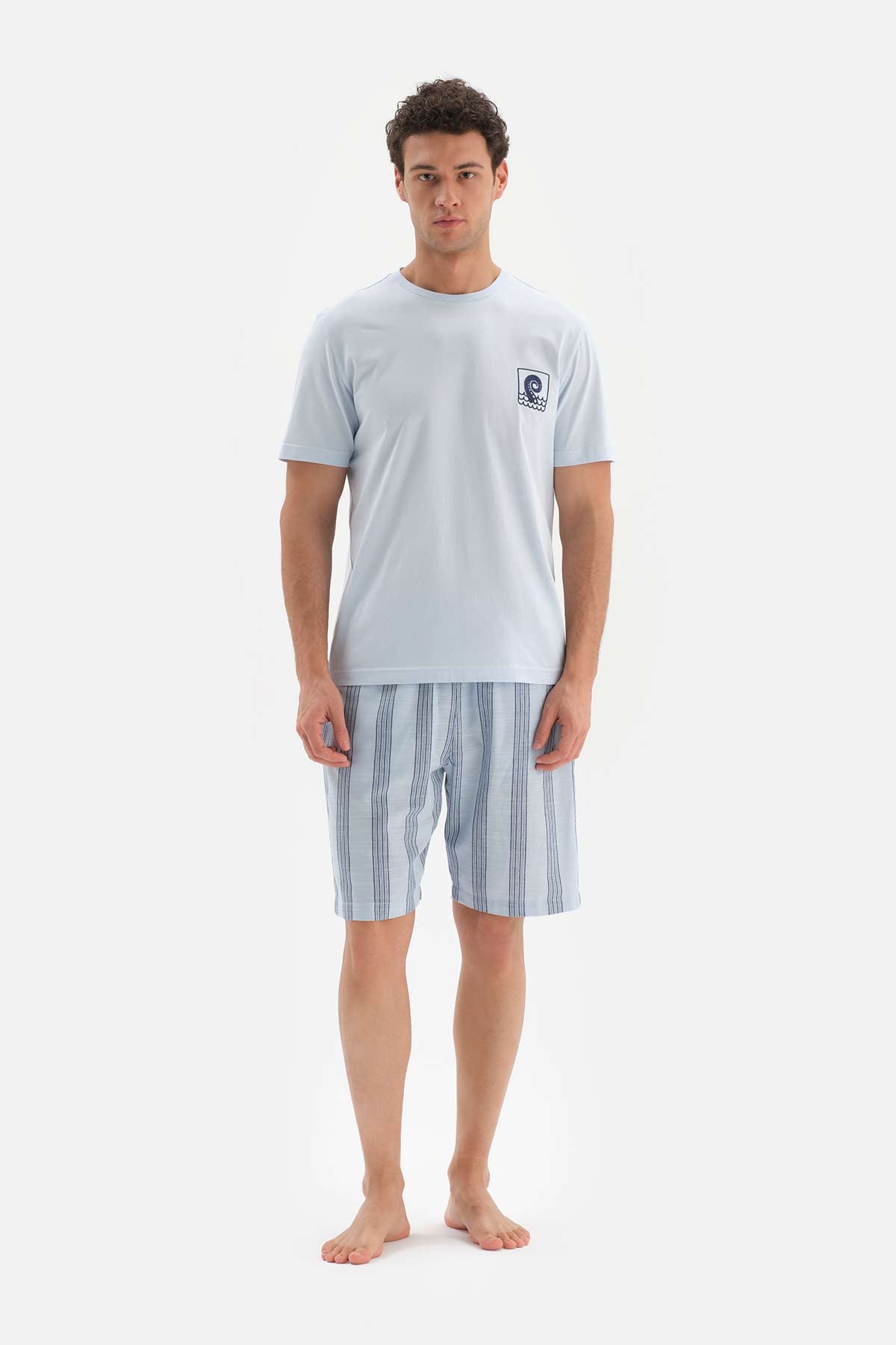 LIGHT BLUE CREW-NECK PRINT DETAILED KNITTED PAJAMAS