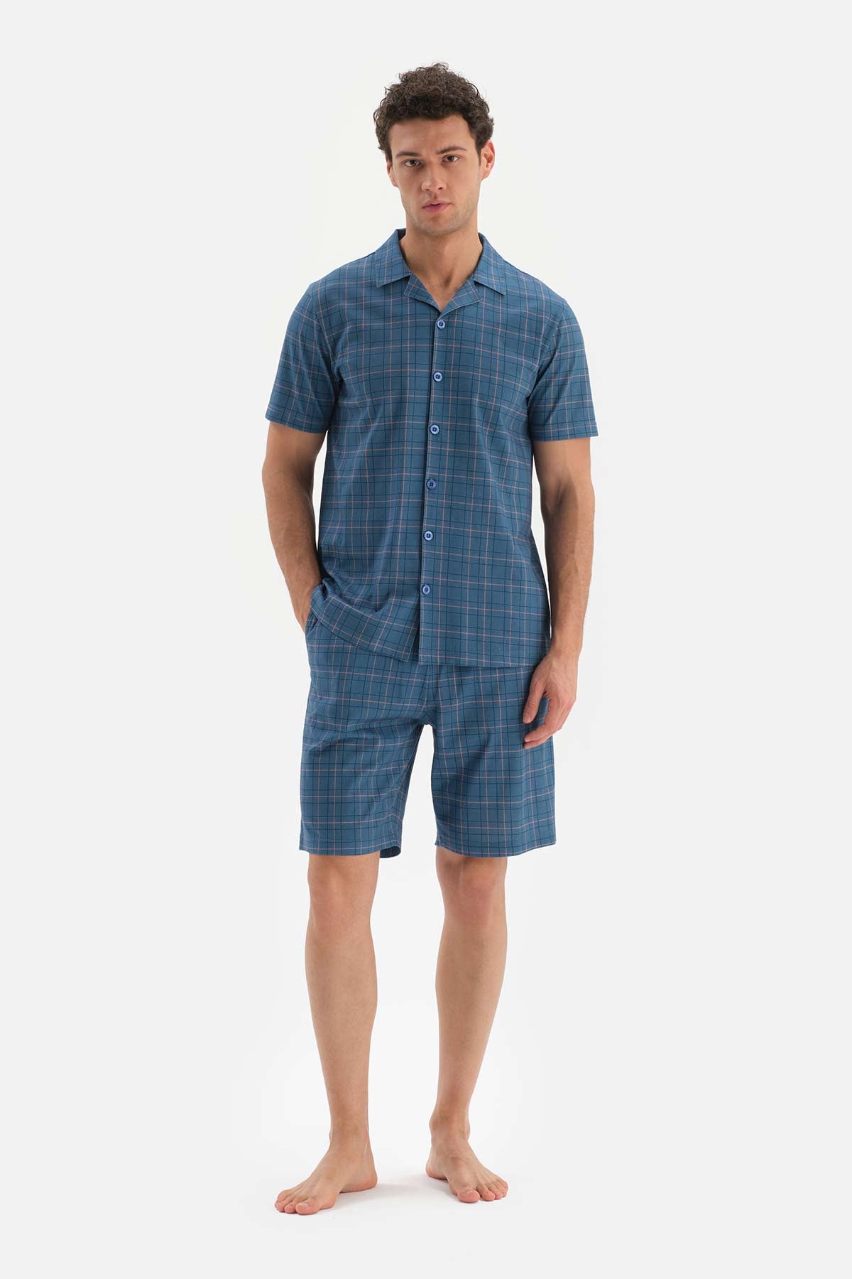INDIGO SHIRT COLLAR PLAID KNITTED PAJAMAS