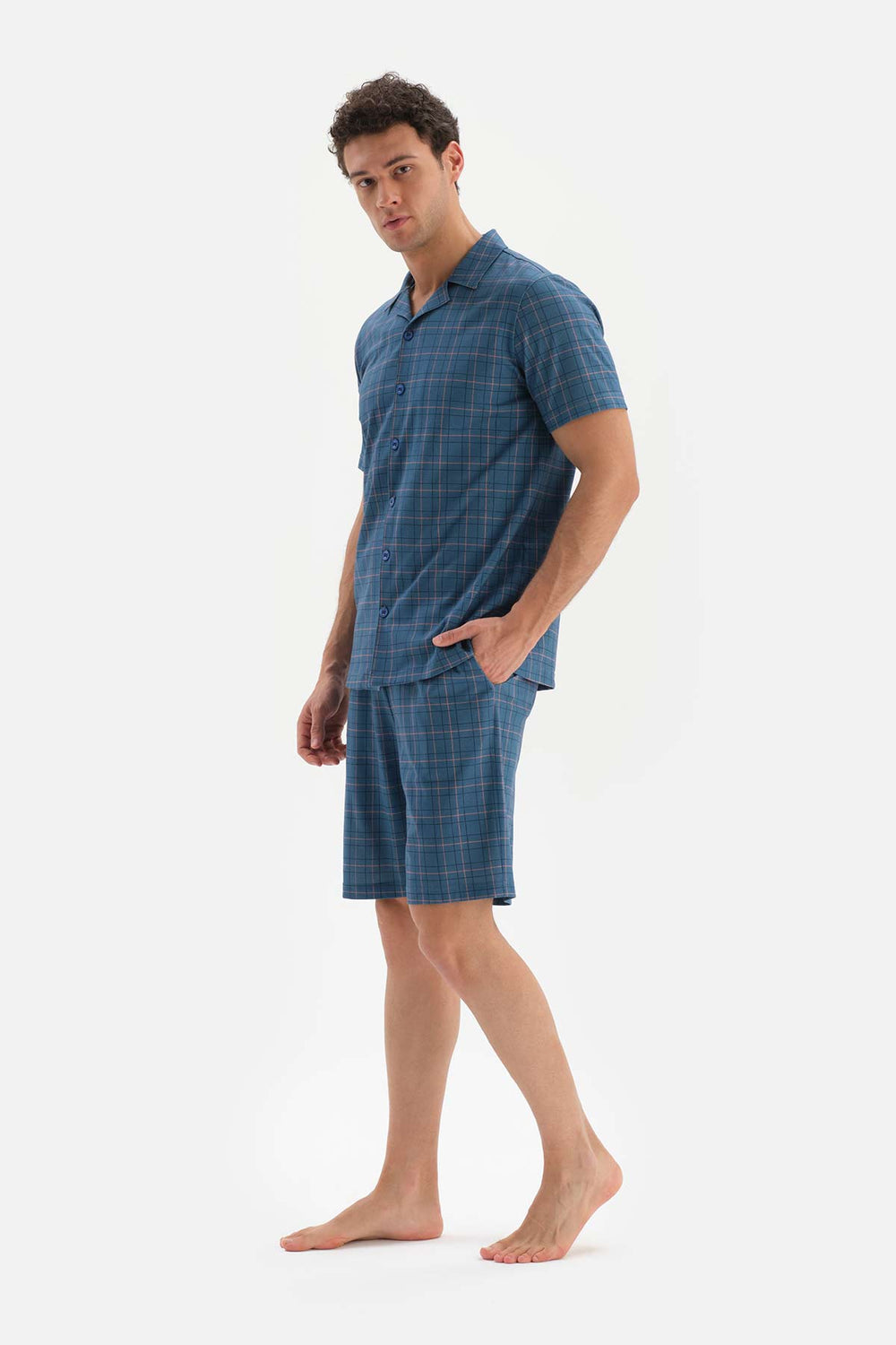 INDIGO SHIRT COLLAR PLAID KNITTED PAJAMAS