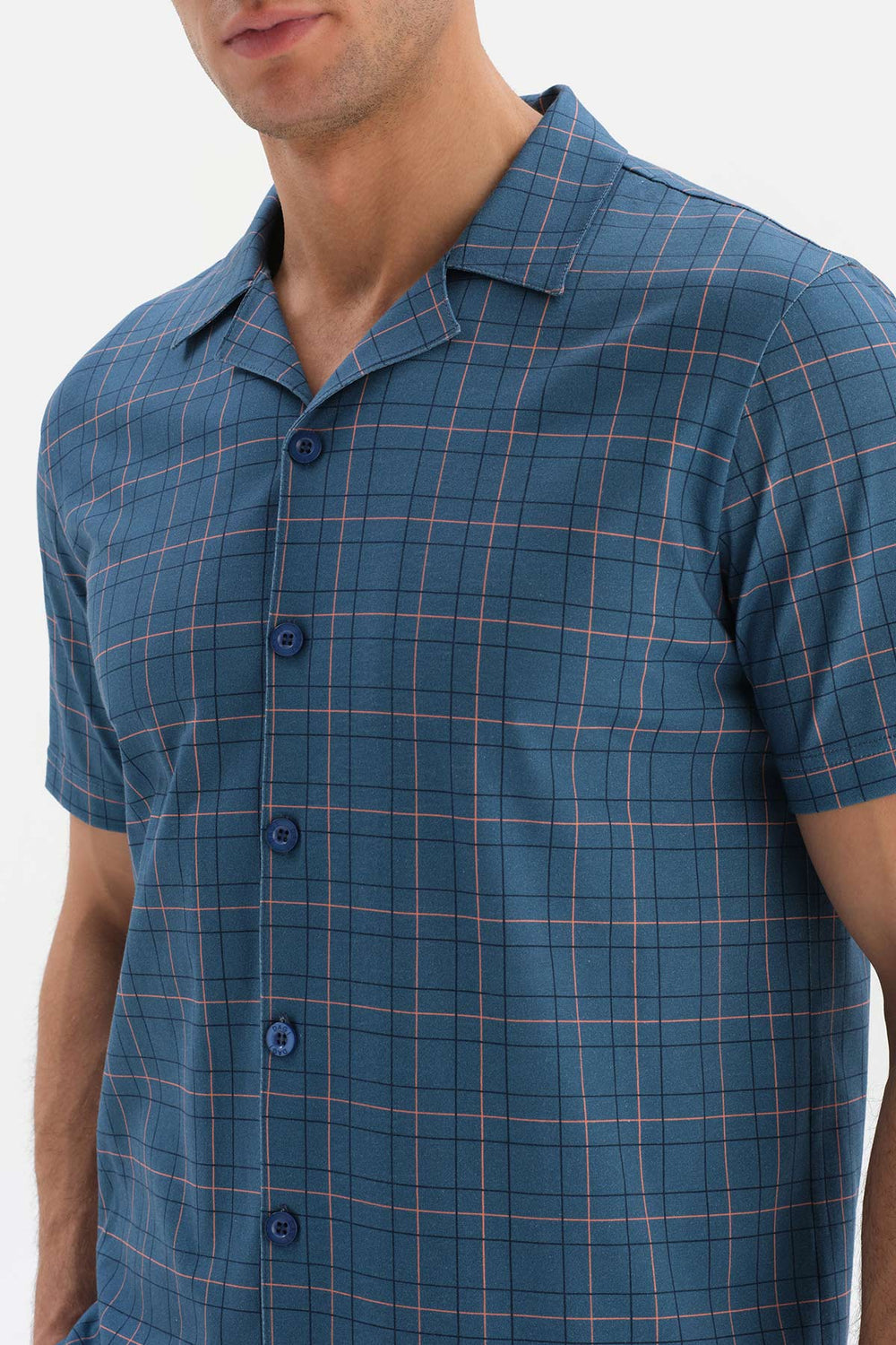 INDIGO SHIRT COLLAR PLAID KNITTED PAJAMAS