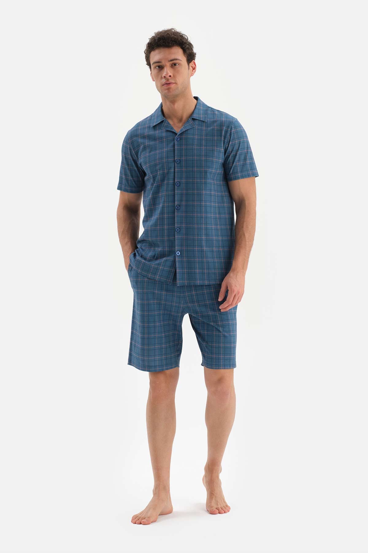 INDIGO SHIRT COLLAR PLAID KNITTED PAJAMAS