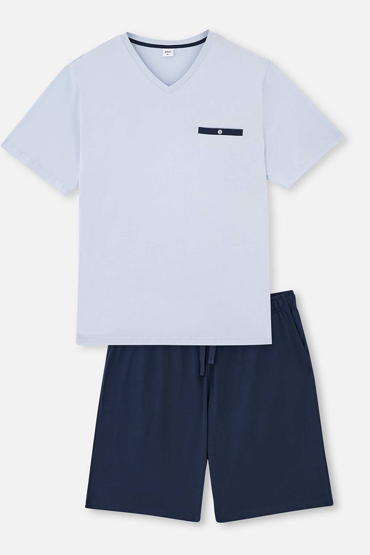 LIGHT BLUE V-NECK SHORT SLEEVE KNITTED PAJAMAS