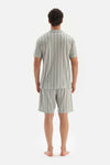 BEIGE SHIRT COLLAR STRIPED KNIT SHORTS PAJAMAS SUIT