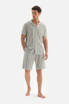 BEIGE SHIRT COLLAR STRIPED KNIT SHORTS PAJAMAS SUIT
