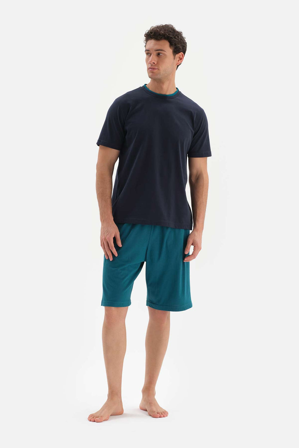 NAVY CREW-NECK SHORTS KNITTED PAJAMAS SUIT