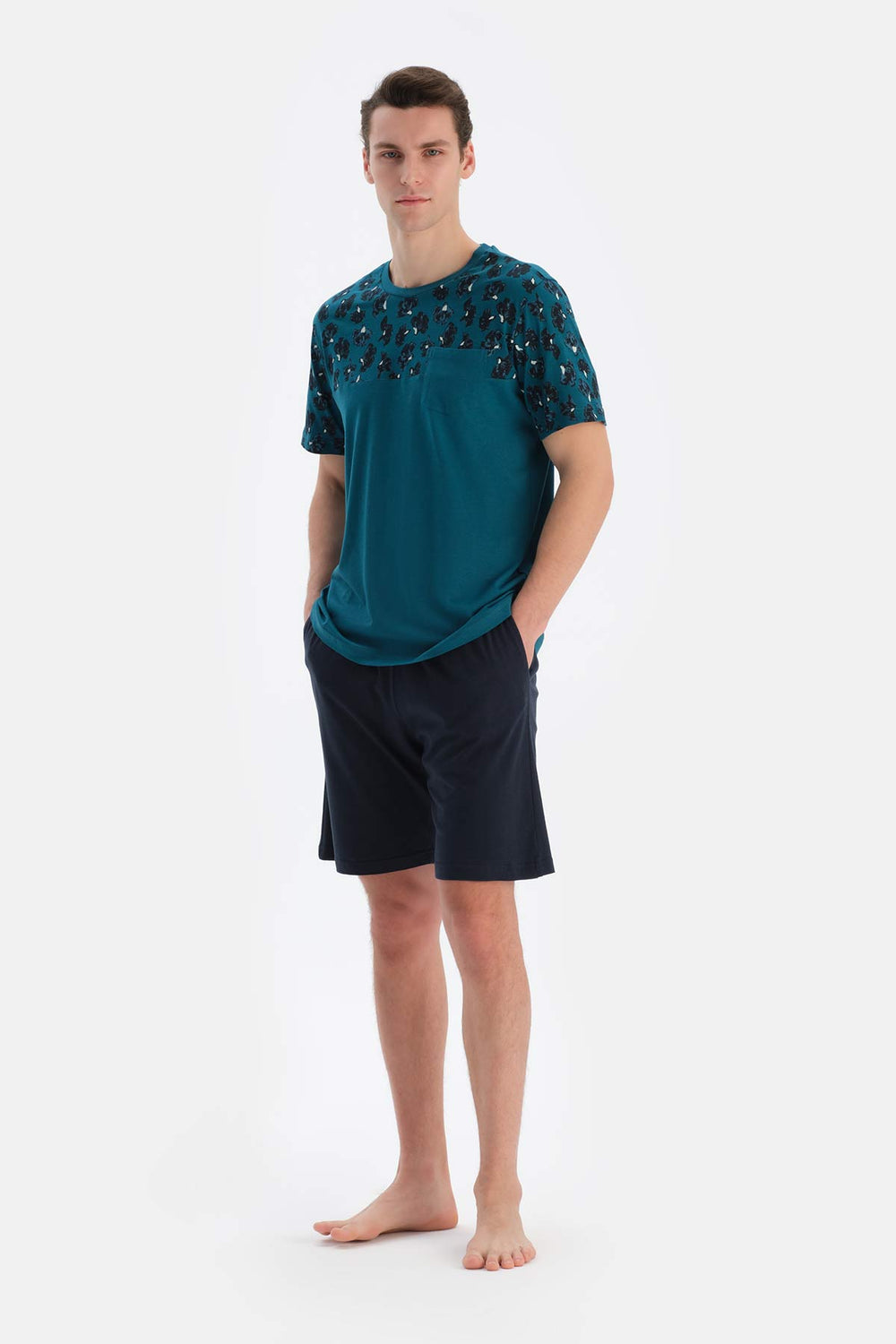 TEAL CREW-NECK PATTERNED SHORTS SHORTS PAJAMAS SUIT