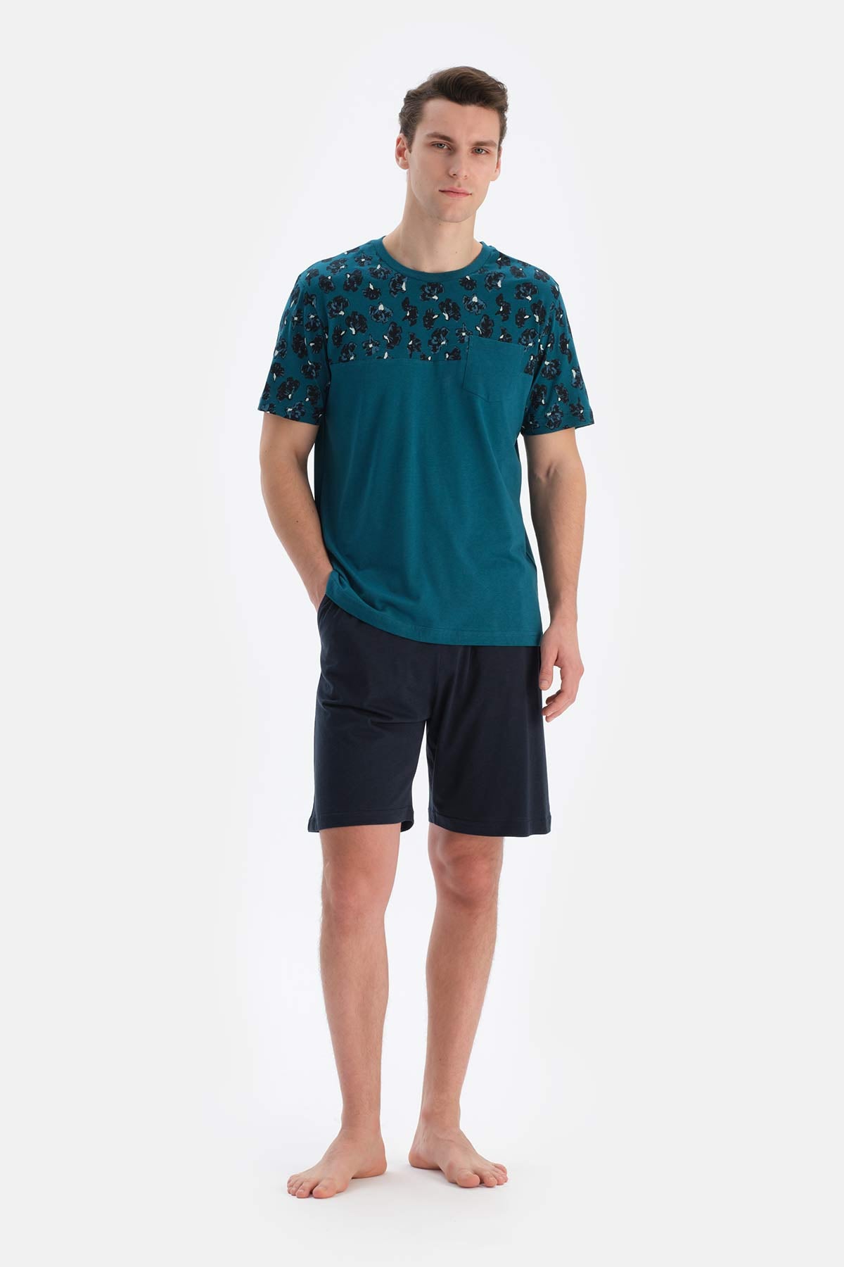 TEAL CREW-NECK PATTERNED SHORTS SHORTS PAJAMAS SUIT