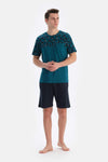 TEAL CREW-NECK PATTERNED SHORTS SHORTS PAJAMAS SUIT