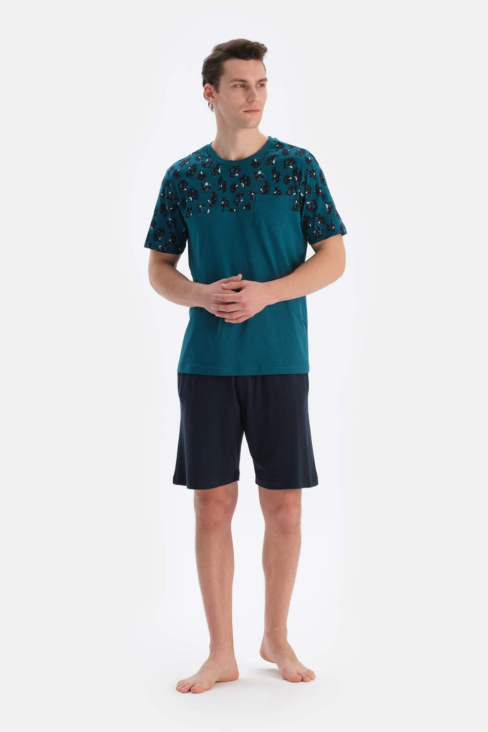 TEAL CREW-NECK PATTERNED SHORTS SHORTS PAJAMAS SUIT