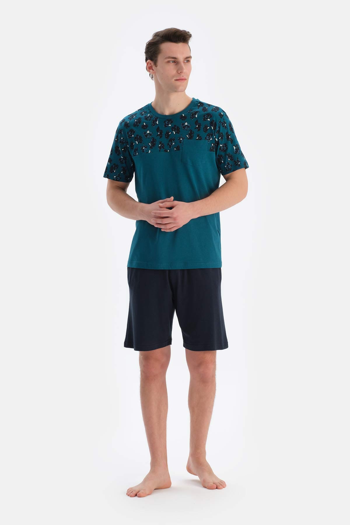 TEAL CREW-NECK PATTERNED SHORTS SHORTS PAJAMAS SUIT