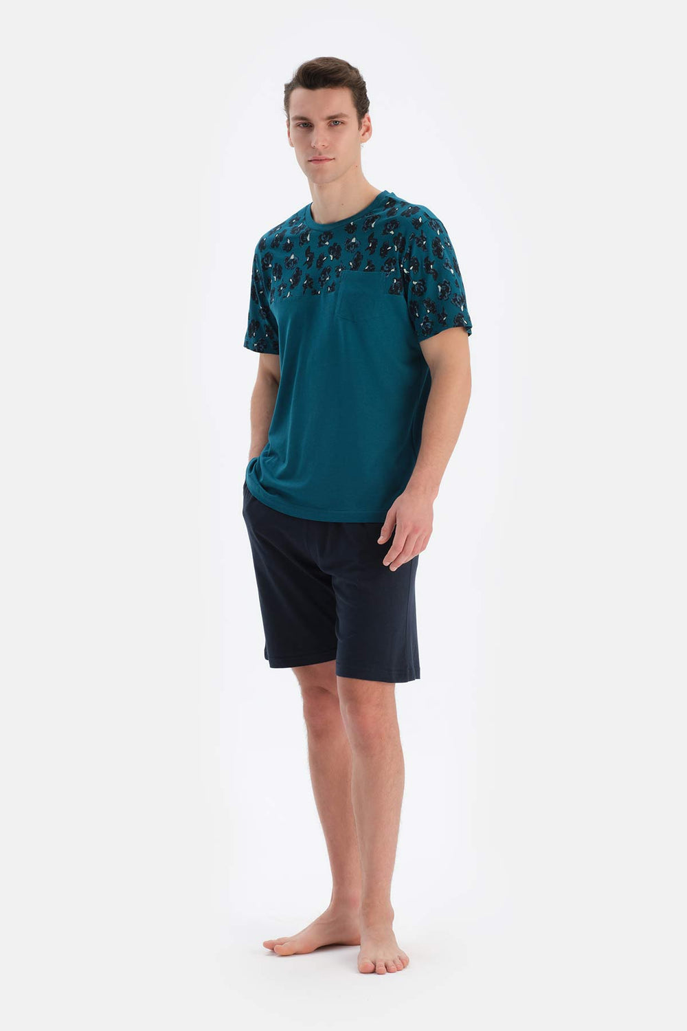 TEAL CREW-NECK PATTERNED SHORTS SHORTS PAJAMAS SUIT