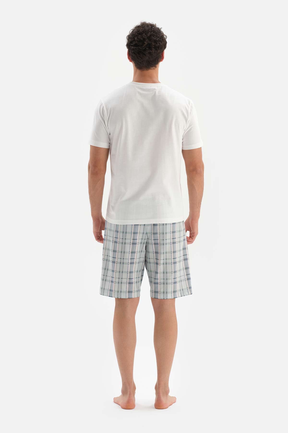 ECRU CREW-NECK PRINTED TOP PLAID BOTTOM SHORTS PAJAMAS SUIT