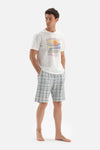 ECRU CREW-NECK PRINTED TOP PLAID BOTTOM SHORTS PAJAMAS SUIT