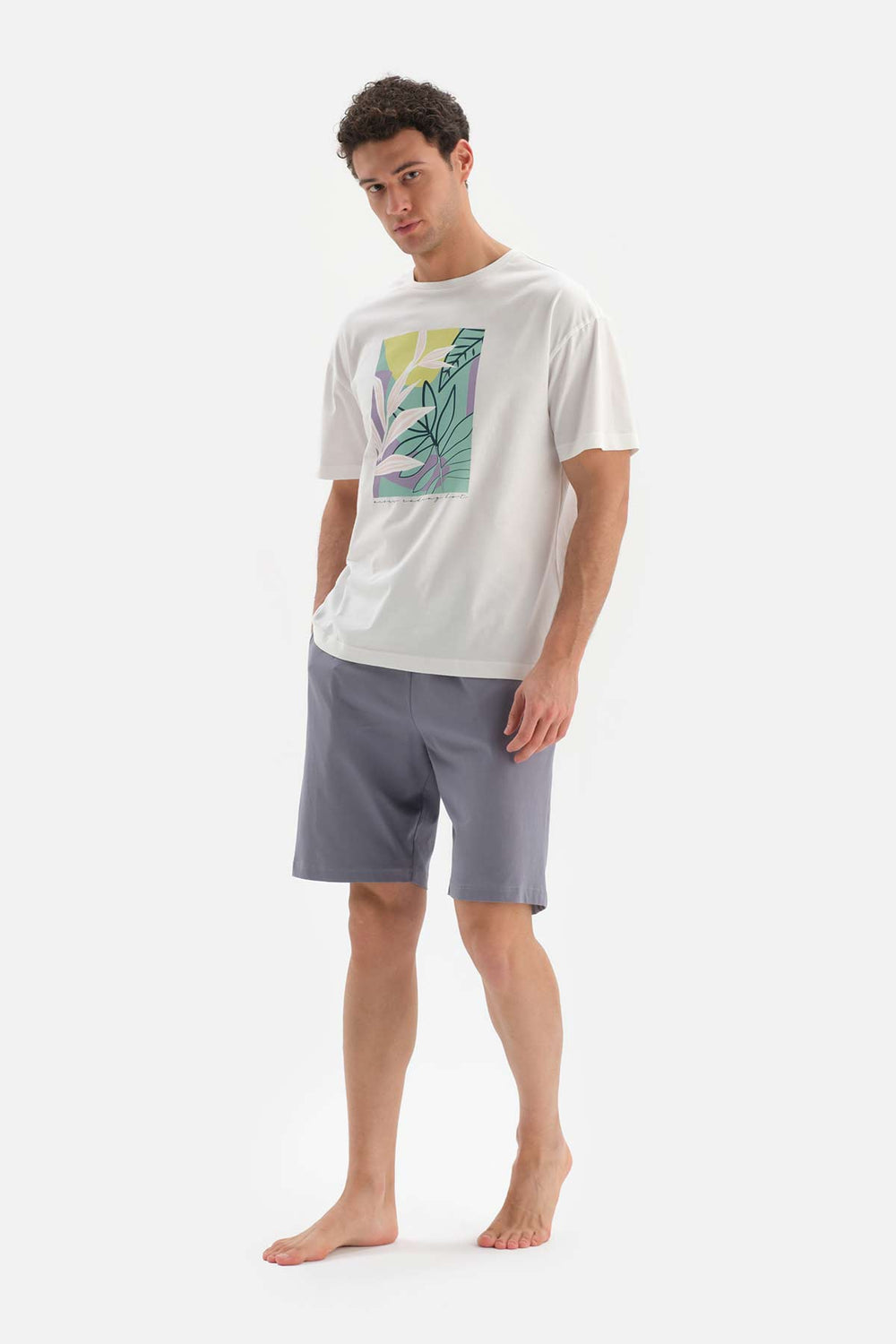 ECRU OVERSIZED CREW-NECK PRINTED SHORTS PAJAMAS SUIT