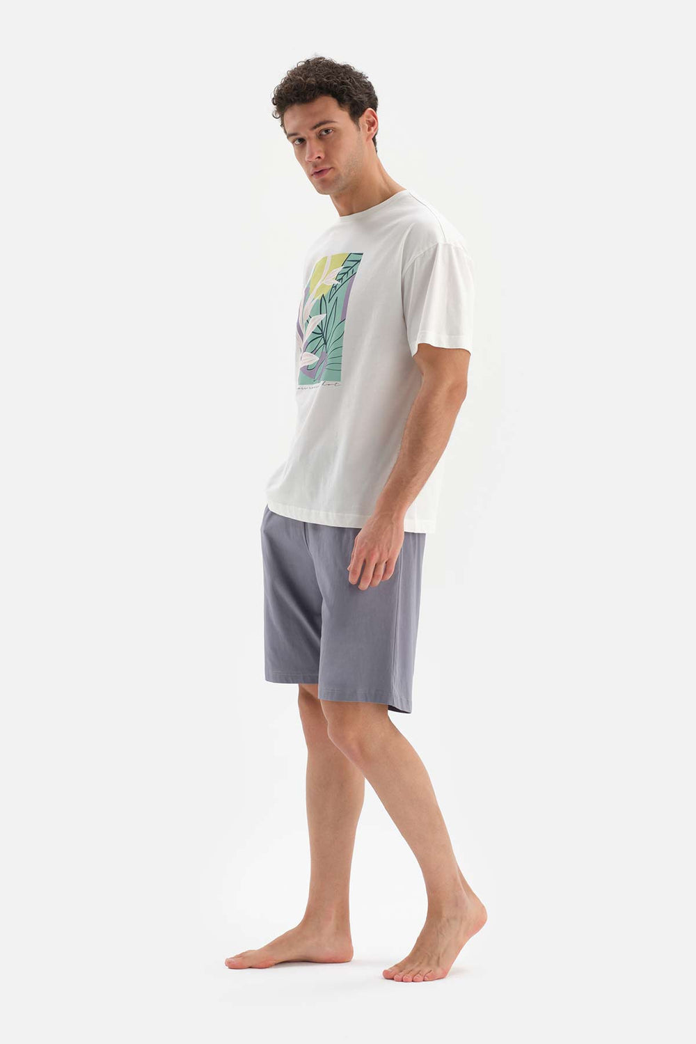 ECRU OVERSIZED CREW-NECK PRINTED SHORTS PAJAMAS SUIT
