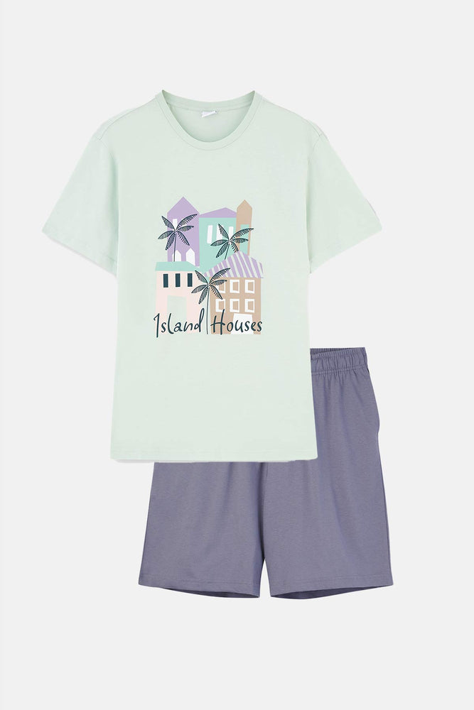 Mint Green CREW-NECK PRINTED SHORTS PAJAMAS SUIT