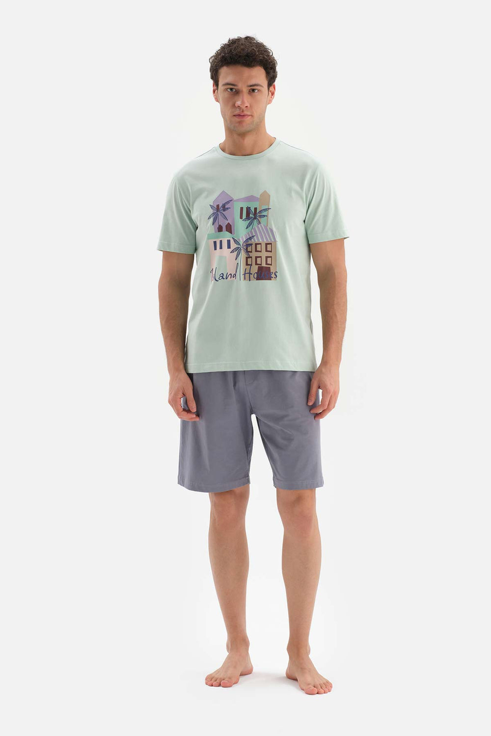 GREY CREW-NECK PRINTED SHORTS PAJAMAS SUIT
