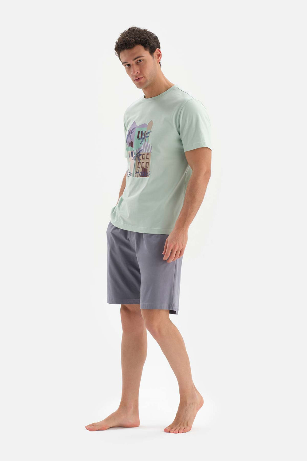 GREY CREW-NECK PRINTED SHORTS PAJAMAS SUIT