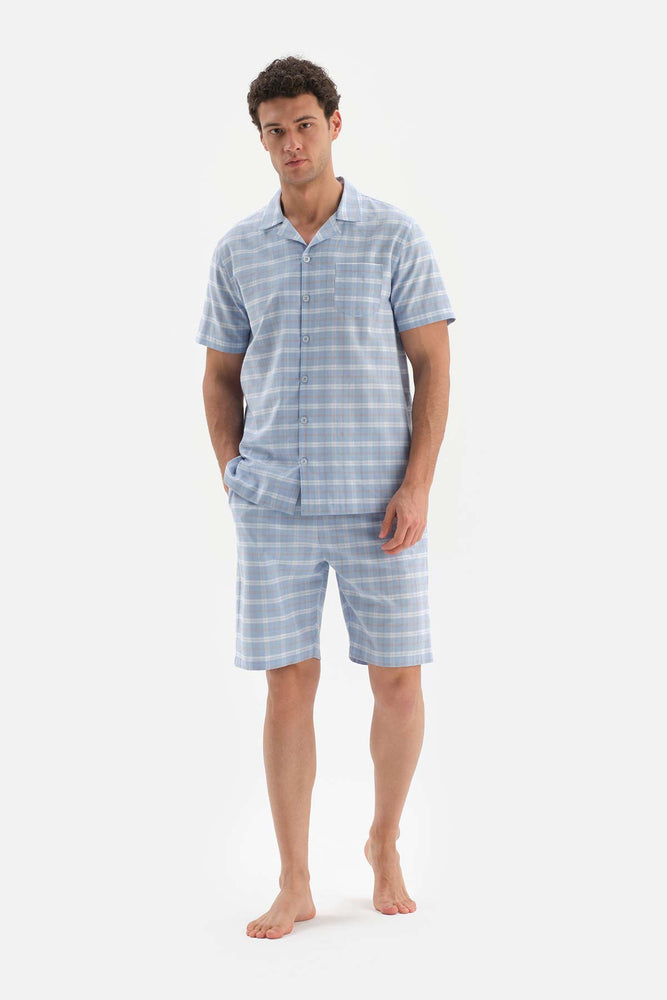 LIGHT BLUE SHIRT COLLAR PLAID WOVEN SHORTS PAJAMAS SUIT