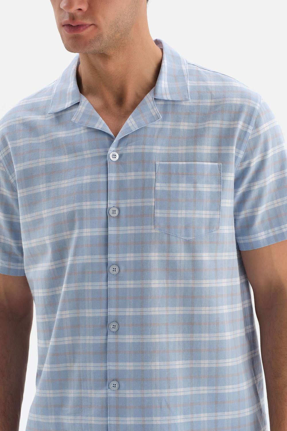 LIGHT BLUE SHIRT COLLAR PLAID WOVEN SHORTS PAJAMAS SUIT