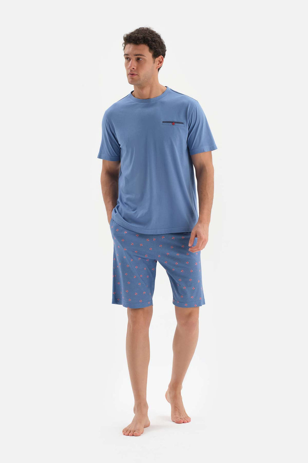 BLUE CREW-NECK SHORT SLEEVE COTTON MODAL PAJAMAS SUIT