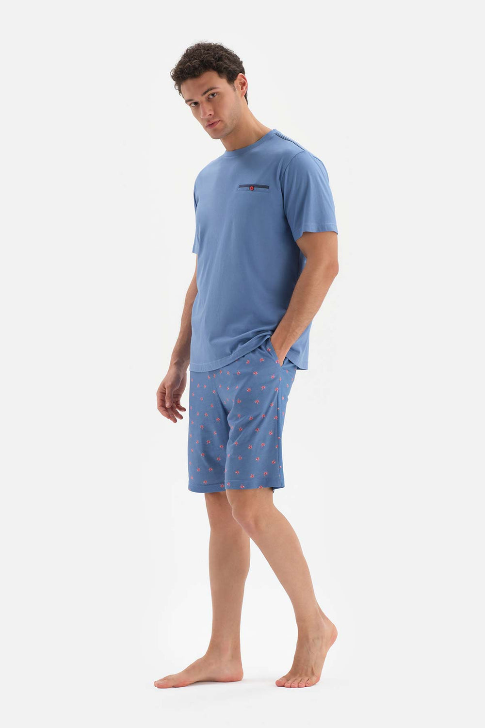 BLUE CREW-NECK SHORT SLEEVE COTTON MODAL PAJAMAS SUIT