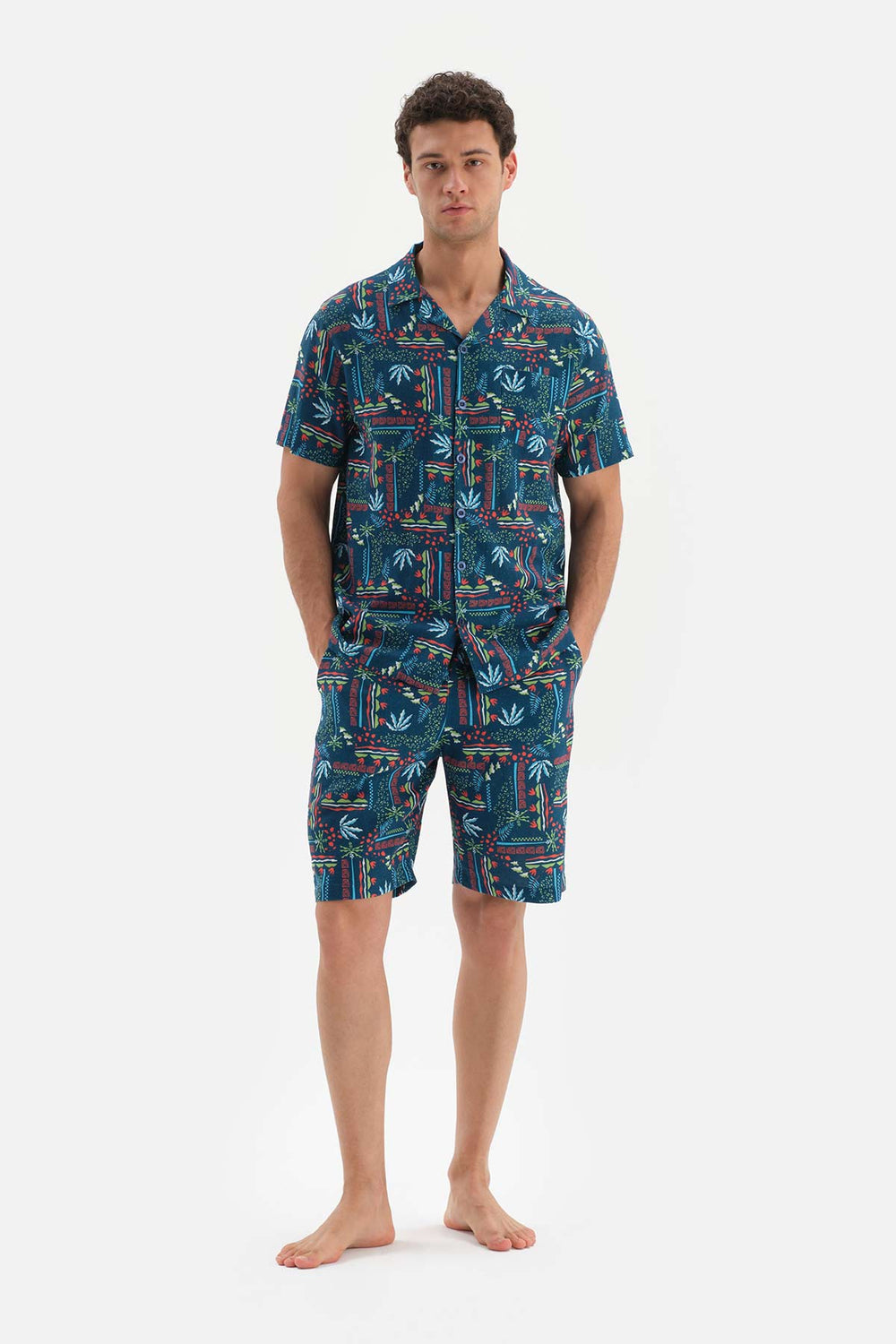 NAVY SHIRT COLLAR PRINTED WOVEN PAJAMAS SUIT