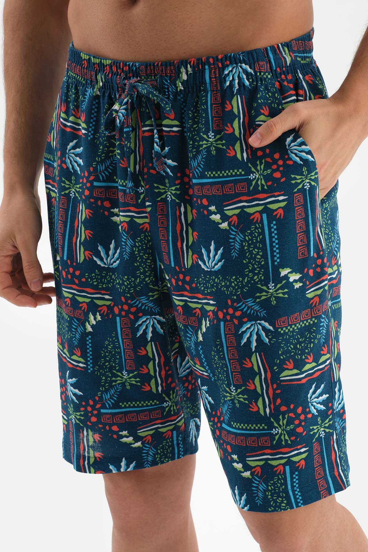 NAVY SHIRT COLLAR PRINTED WOVEN PAJAMAS SUIT