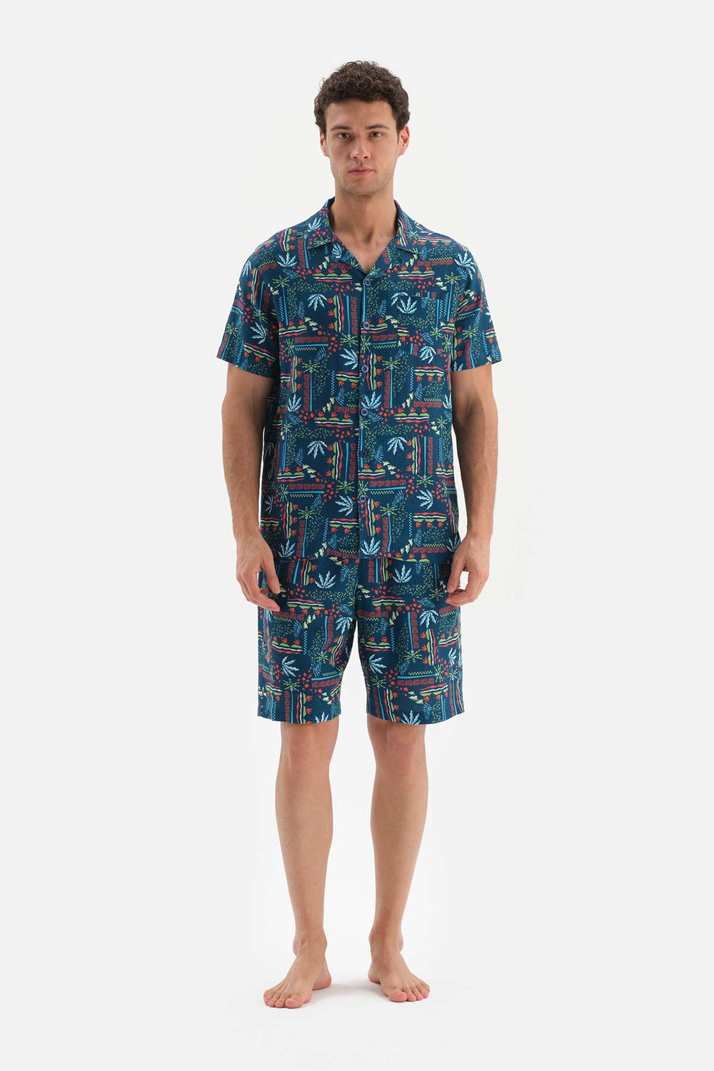 NAVY SHIRT COLLAR PRINTED WOVEN PAJAMAS SUIT