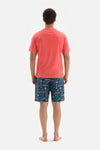 RED CREW-NECK PRINTED TOP WOVEN SHORTS PAJAMAS SUIT