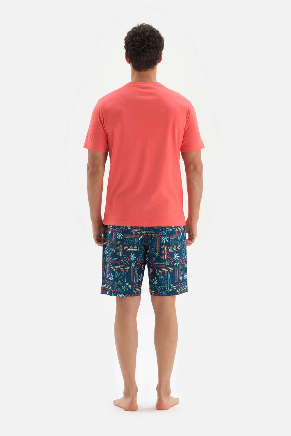RED CREW-NECK PRINTED TOP WOVEN SHORTS PAJAMAS SUIT