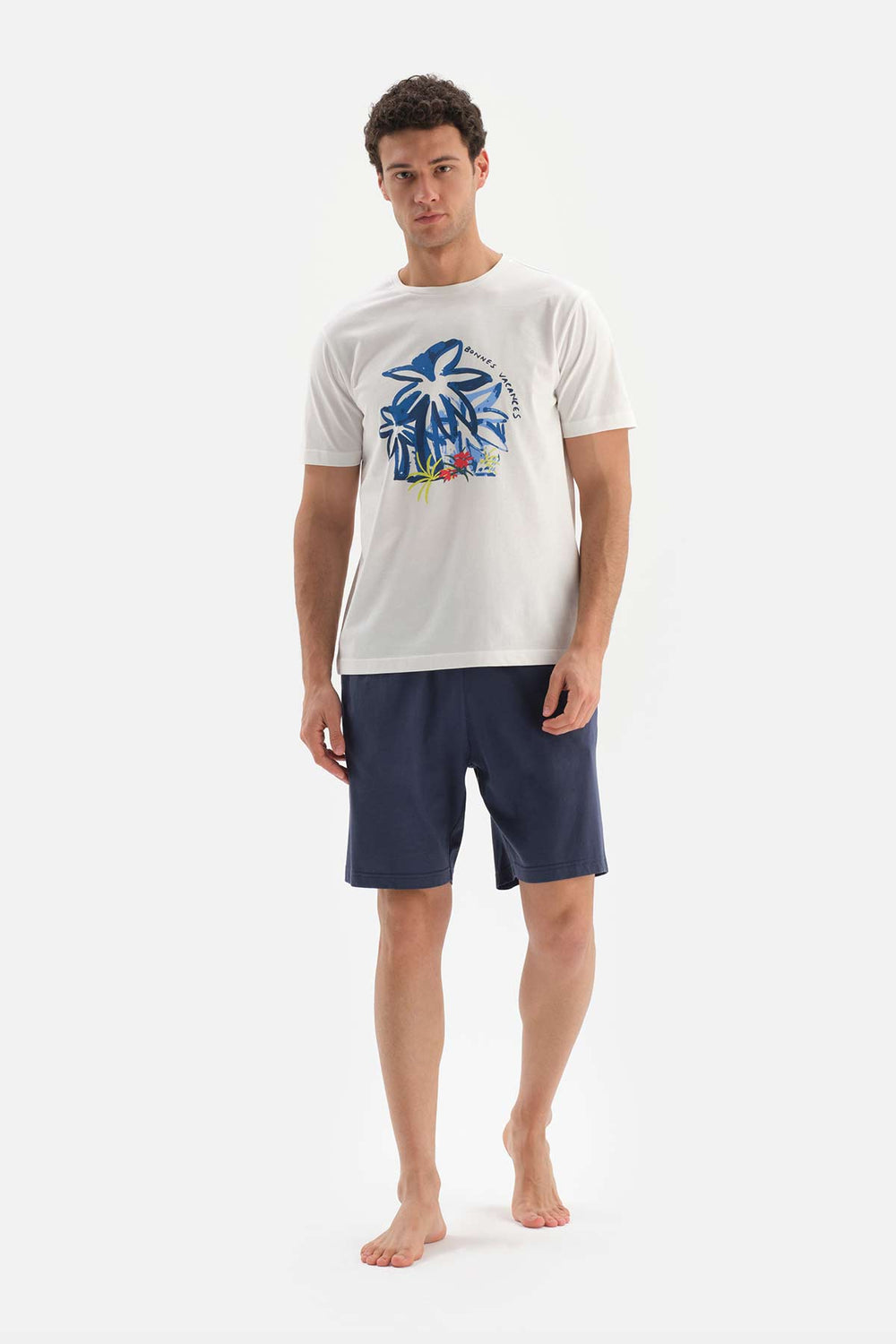 ECRU CREW-NECK PRINTED TOP WITH SHORTS PAJAMA SUIT