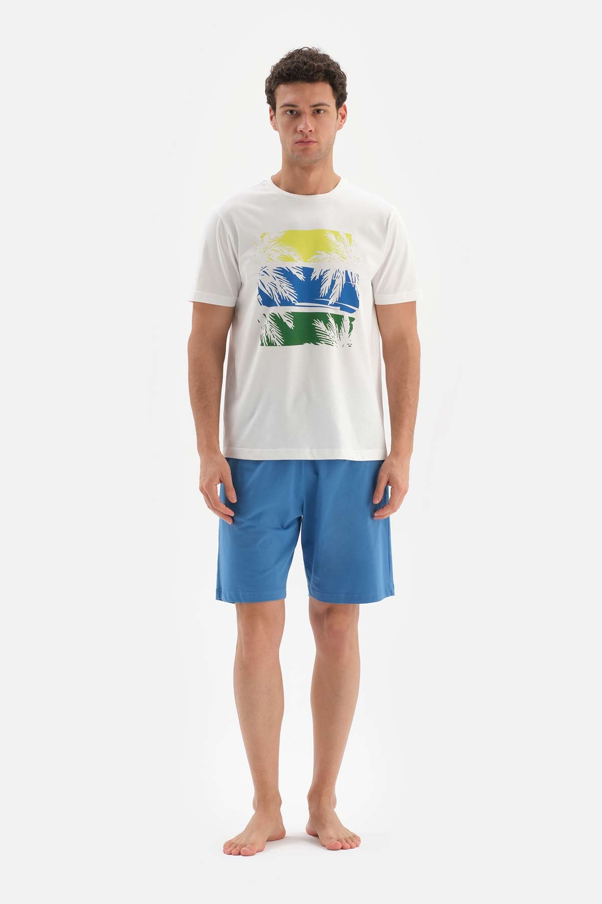 ECRU CREW-NECK PRINTED TOP WITH SHORTS PAJAMA SUIT