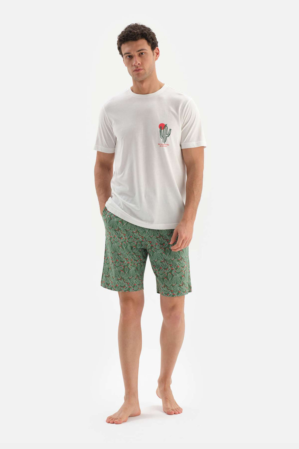 ECRU CREW-NECK PRINTED TOP WITH SHORTS PAJAMA SUIT