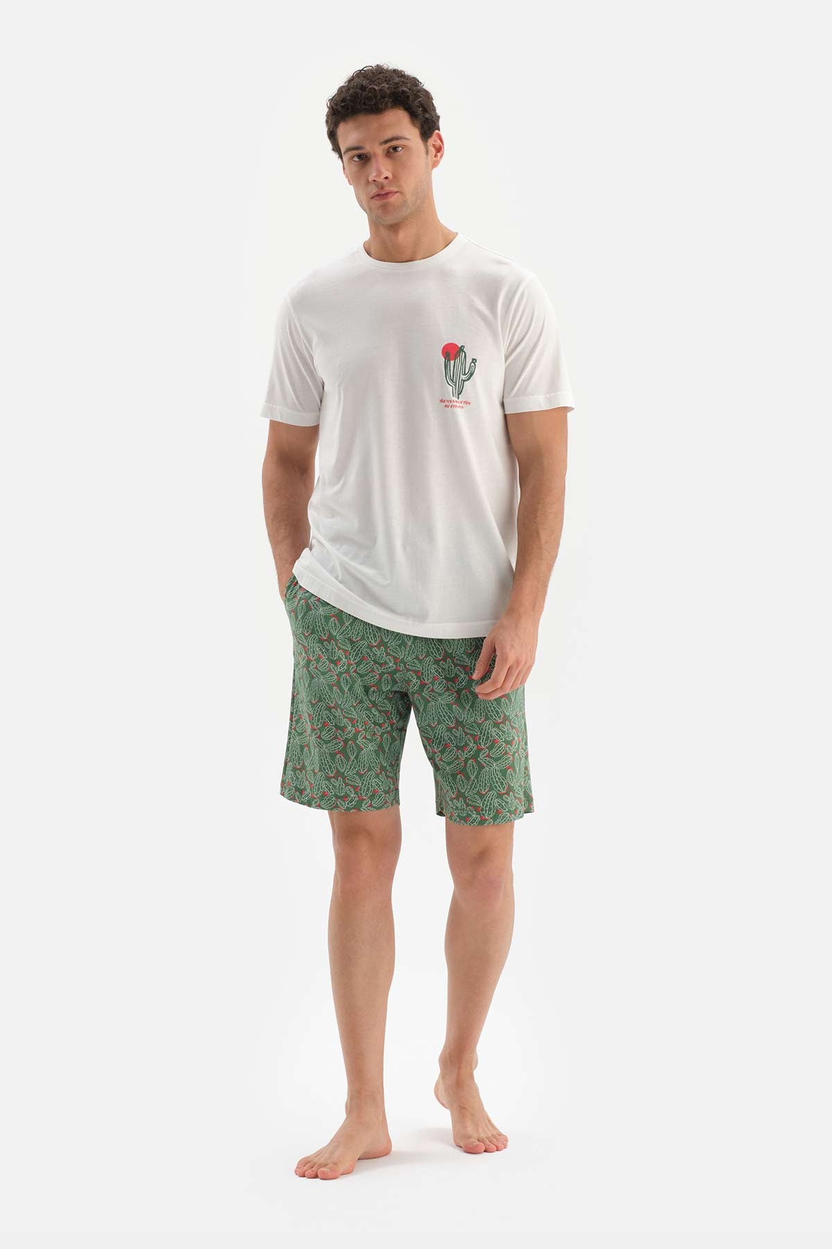 ECRU CREW-NECK PRINTED TOP WITH SHORTS PAJAMA SUIT