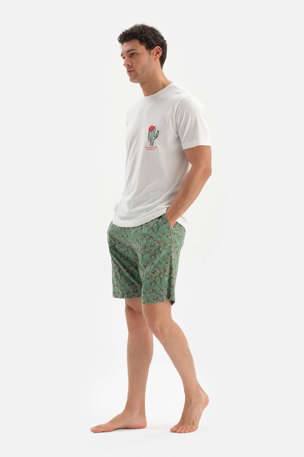 ECRU CREW-NECK PRINTED TOP WITH SHORTS PAJAMA SUIT