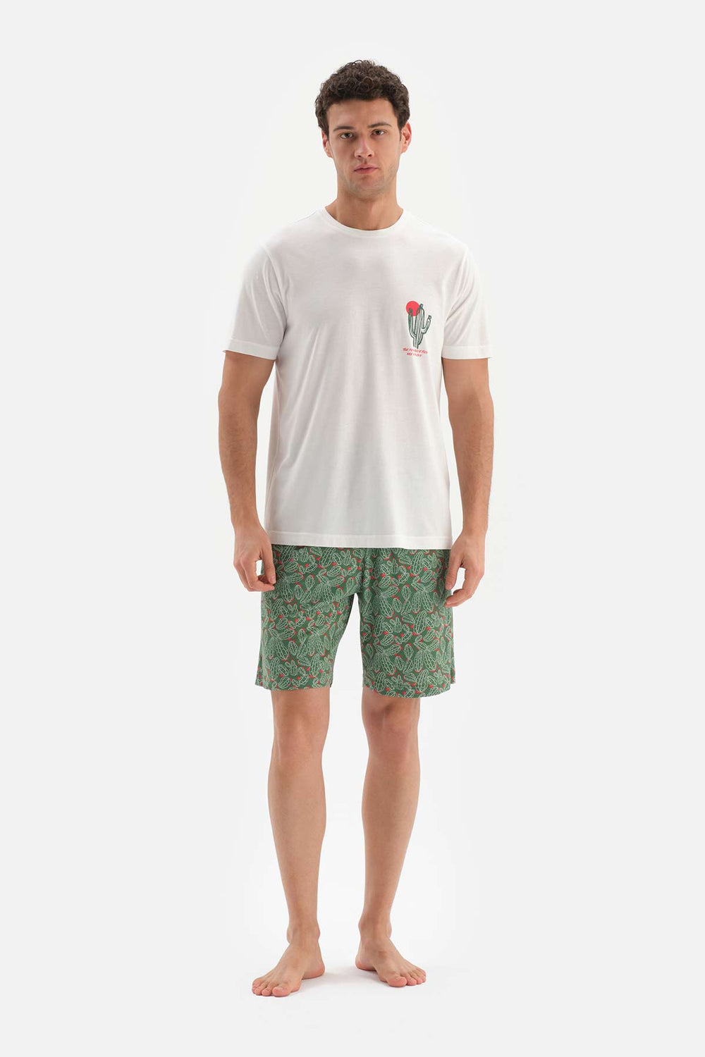 ECRU CREW-NECK PRINTED TOP WITH SHORTS PAJAMA SUIT